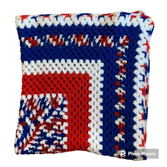 Vintage Afghan Crocheted Blanket Handmade Red Blue Throw 48" x 48" Patriotic USA - Picture 2 of 6